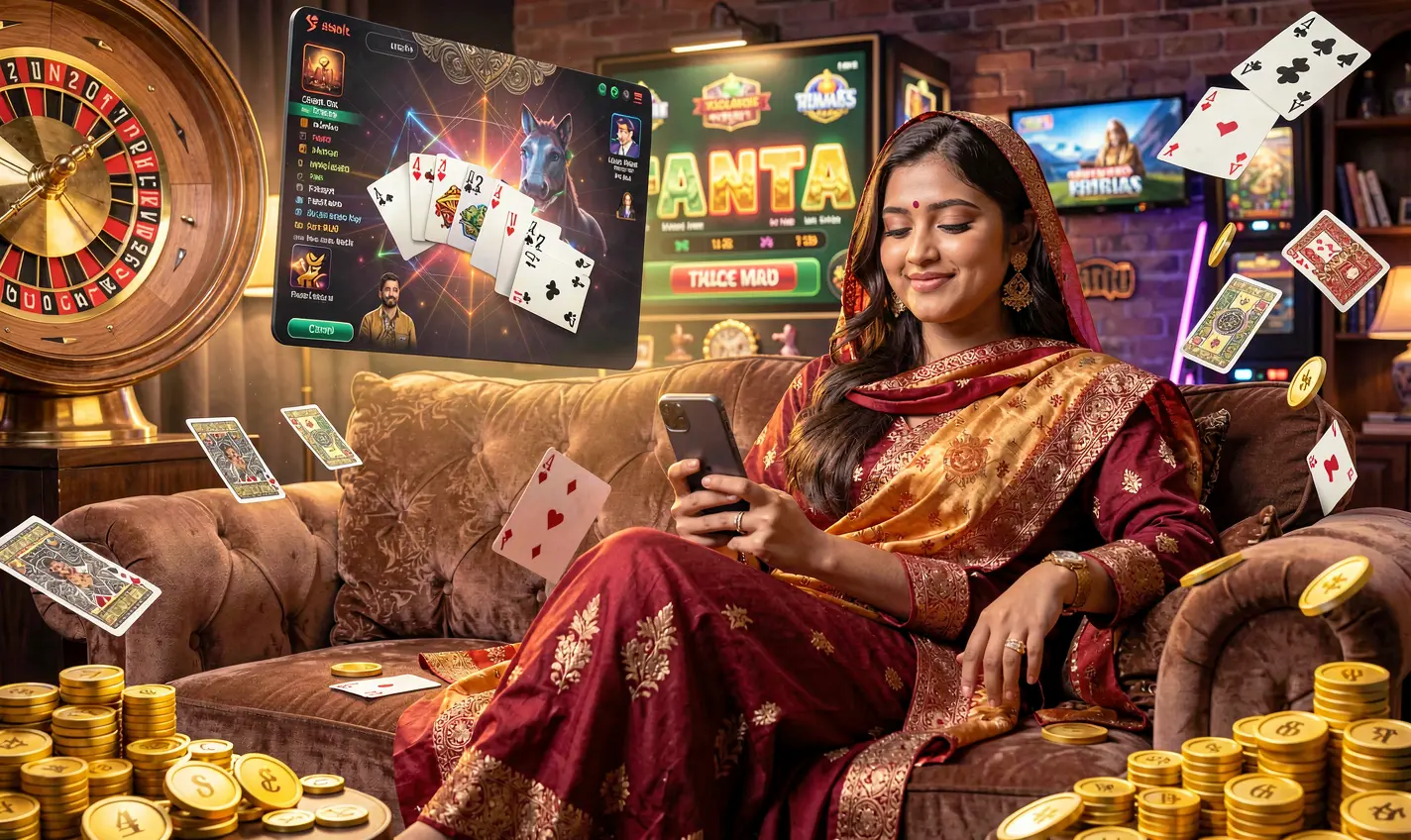 Pakistani woman relaxing on a sofa while using the HC77 casino app surrounded by floating casino chips cards and roulette elements