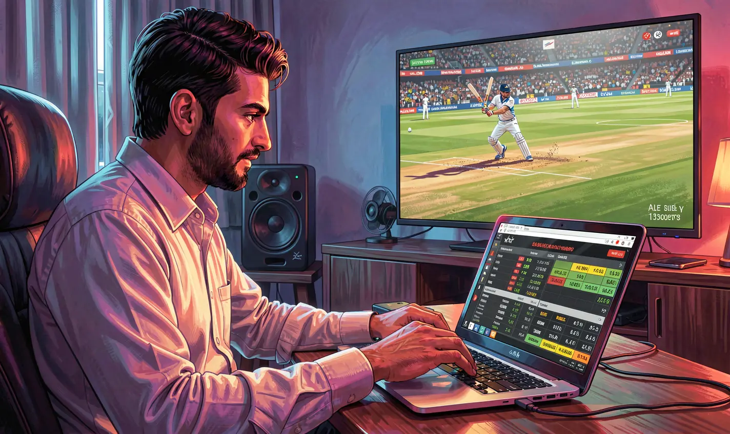 Focused Pakistani bettor placing live cricket bets on a laptop while watching a match on TV using the HC77 betting platform