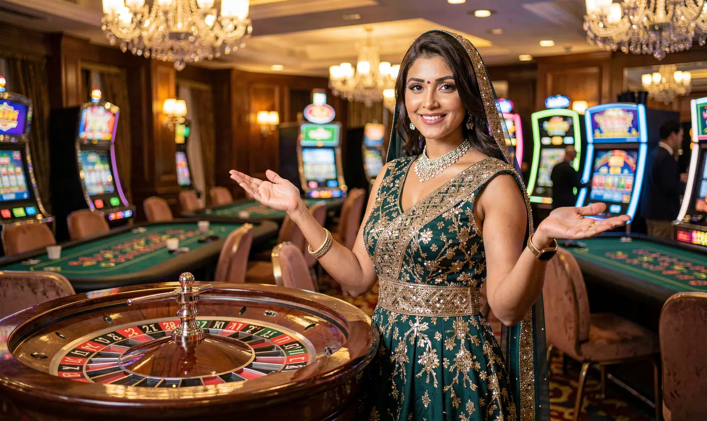 Charming live casino hostess in an elegant evening dress presenting a roulette wheel symbolizing high quality live games at HC77 casino for Pakistan