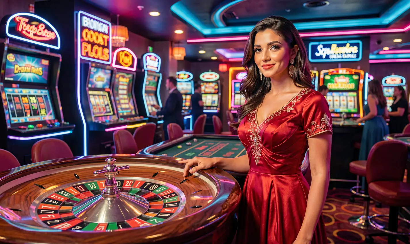 Stylish woman in a red evening dress standing near a live roulette table in a vibrant casino atmosphere showcasing the immersive live casino experience at HC77 for players in Pakistan