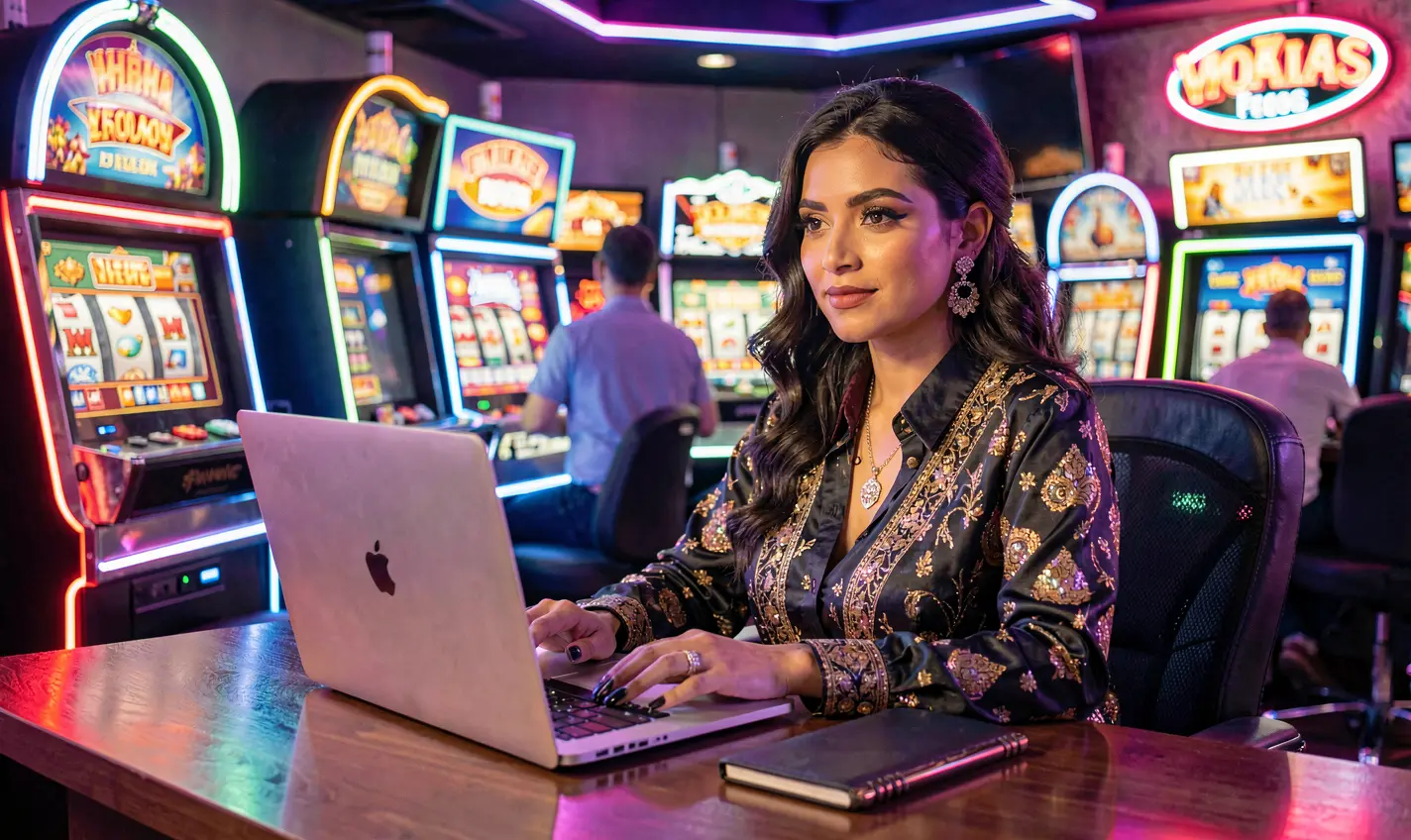 Confident Pakistani woman working on a laptop in a futuristic neon casino setting showcasing the immersive online gaming environment of HC77 in Pakistan