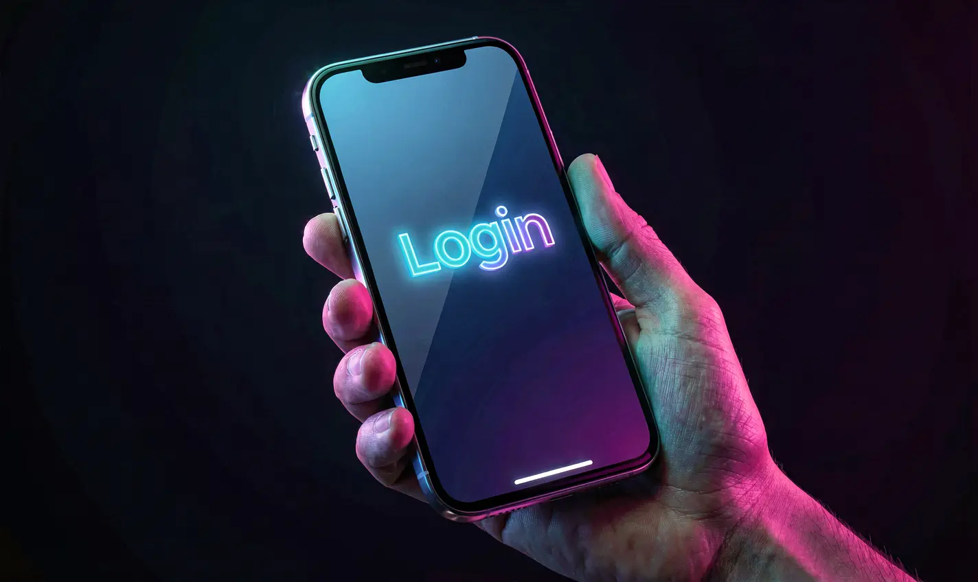 Close-up of a hand holding a smartphone with a bright login screen showing fast and secure access to the HC77 casino account in Pakistan