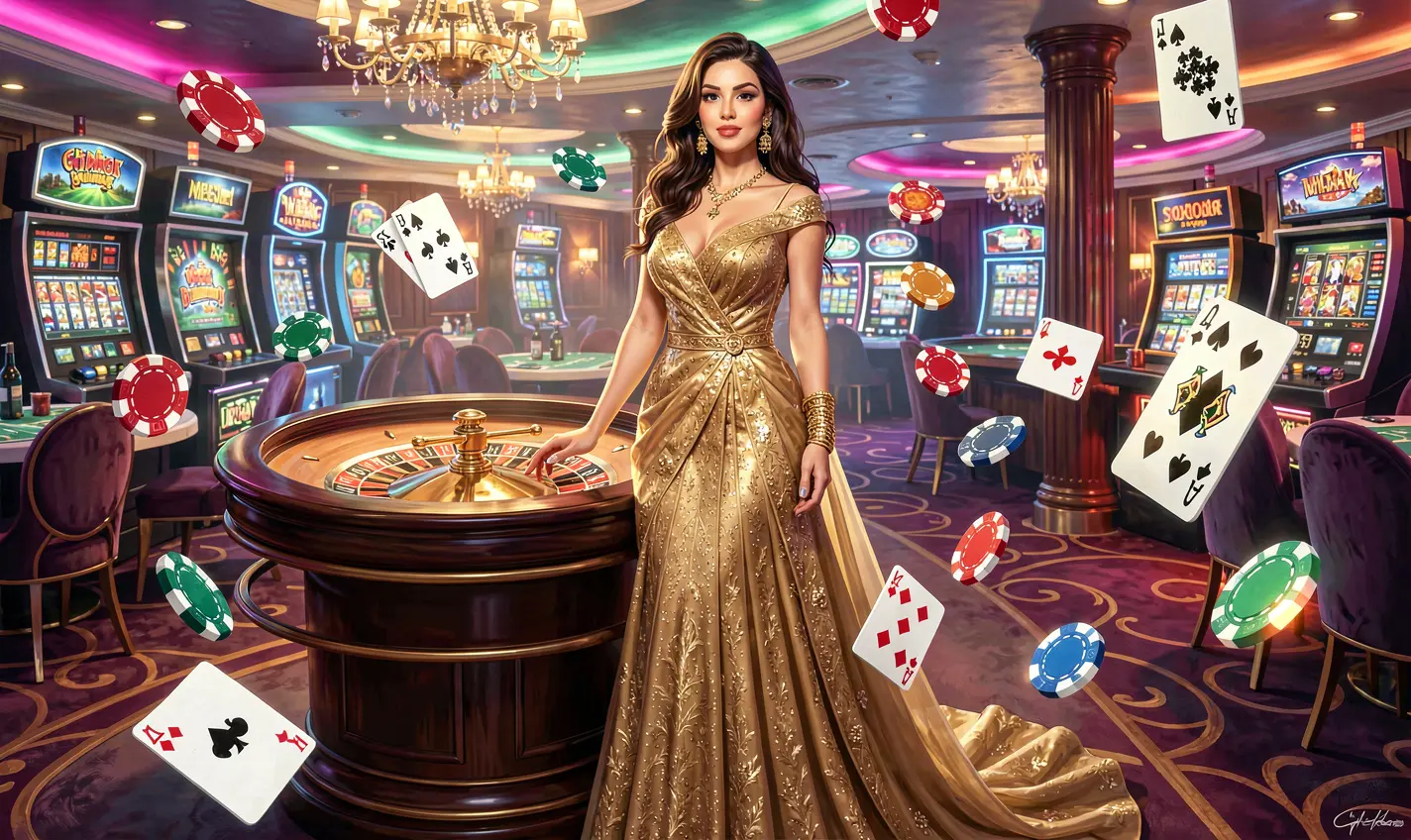 Elegant woman in a luxurious golden dress standing by a roulette wheel surrounded by glowing casino chips and cards representing the premium gaming world of HC77 for Pakistan