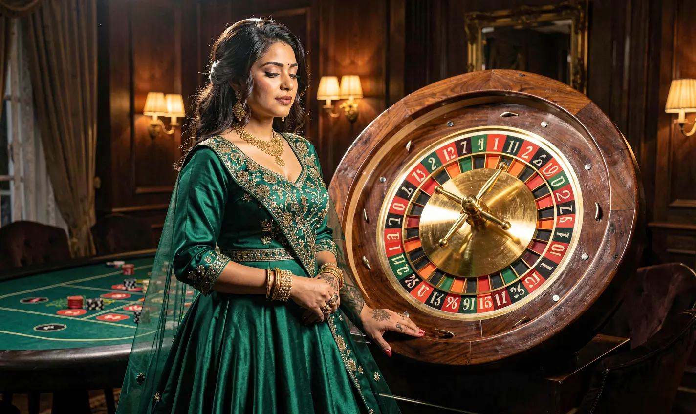 Stylish Pakistani woman in a luxurious green dress posing by a bright roulette wheel, showcasing the high energy casino atmosphere of HC77 in Pakistan