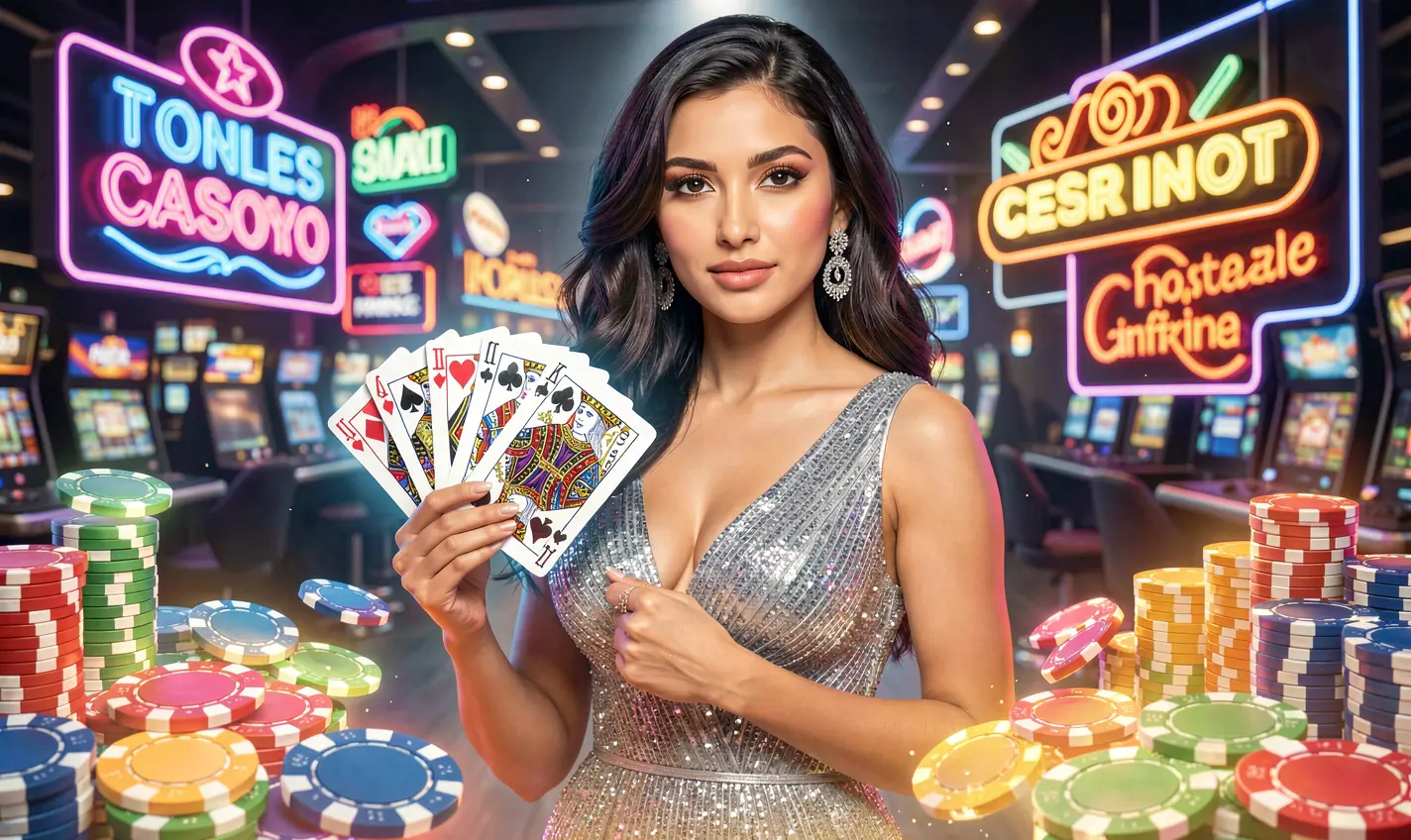 Elegant Pakistani female player surrounded by glowing casino chips and neon lights representing the luxurious live casino environment of HC77 Pakistan
