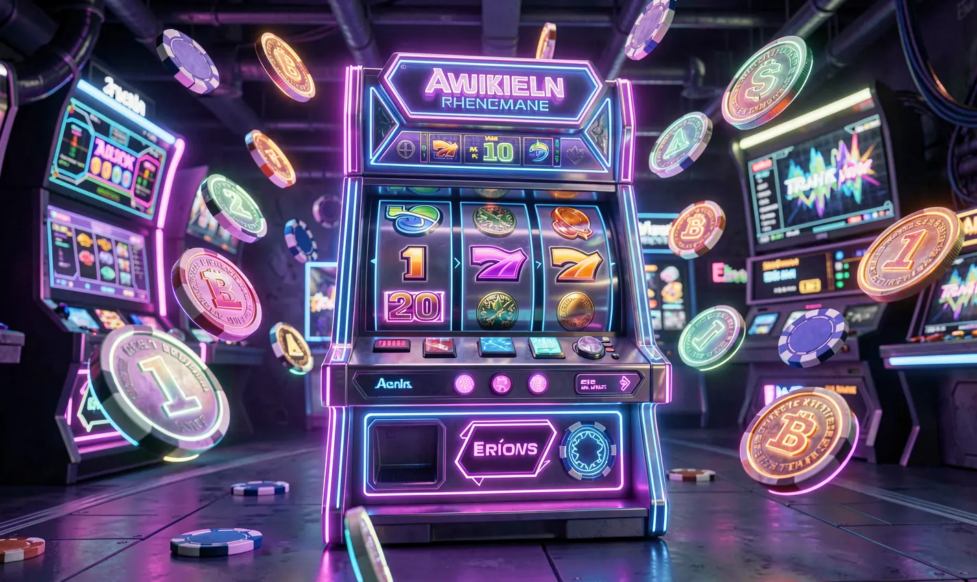 Futuristic slot machine with glowing reels and flying digital coins creating a cyber casino atmosphere at HC77 online casino in Pakistan